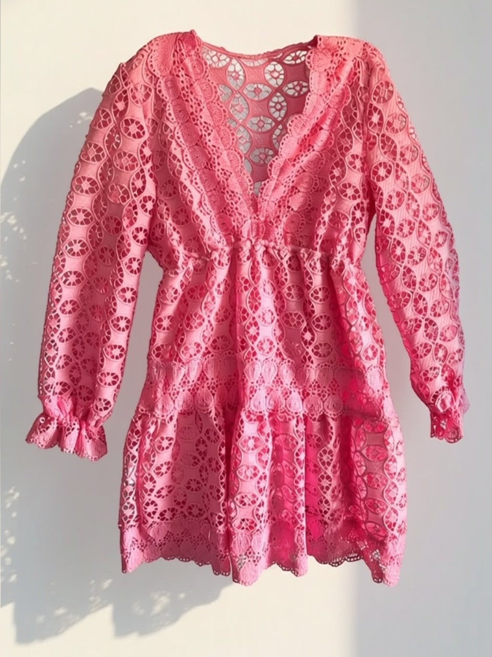 Pink Crochet Lace V-Neck Dress